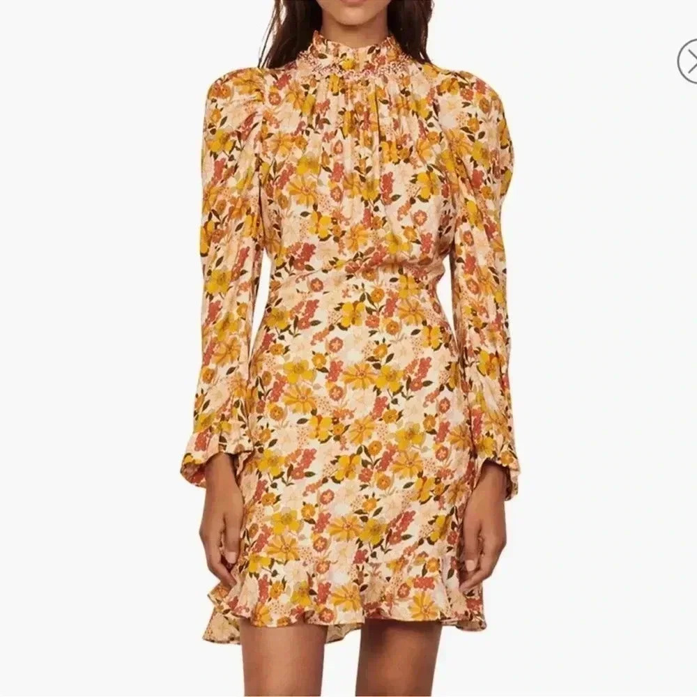 Sandro Floral Ruffle Mini Dress in Cream, Yellow & Pink